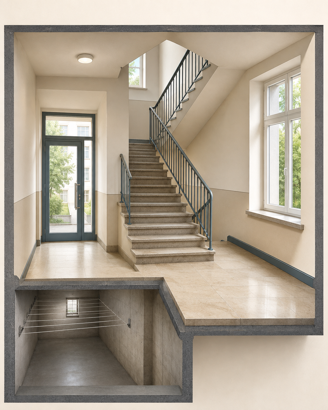 Illustration eines Treppenhauses mit Eingangstür, Treppe, Geländer, Fenster und einem Kellerraum. Die nummerierten Bereiche werden in der Leistungsliste erklärt.